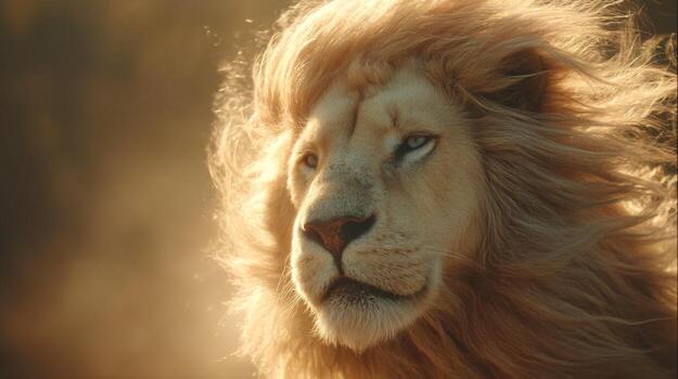 Majestic Lion with Flowing Mane Against a Soft Glowing Background in Warm Tones photo