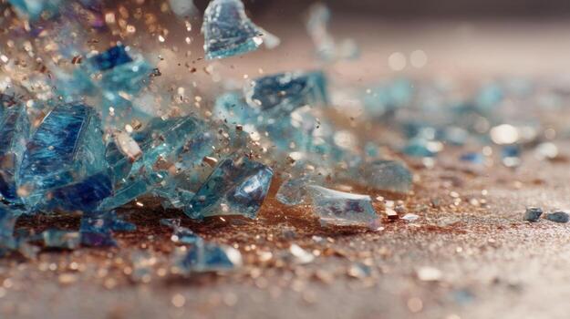 Shattered Glass Fragments with Sparkling Dust and Colorful Reflections on a Smooth Surface photo