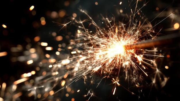 de cerca ver de bengala encendido en oscuridad con brillante chispas y fuegos artificiales efectos en contra un negro antecedentes foto