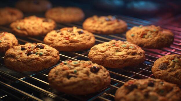 Freshly Baked Cookies on Oven Rack with Chocolate Chips and Colorful Sprinkles in Warm, Inviting Kitchen Setting photo