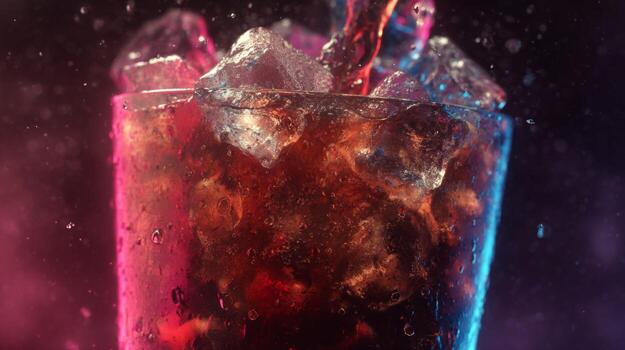 Refreshing Carbonated Beverage Splash with Ice Cubes in Dark Background and Colorful Lighting Effects photo