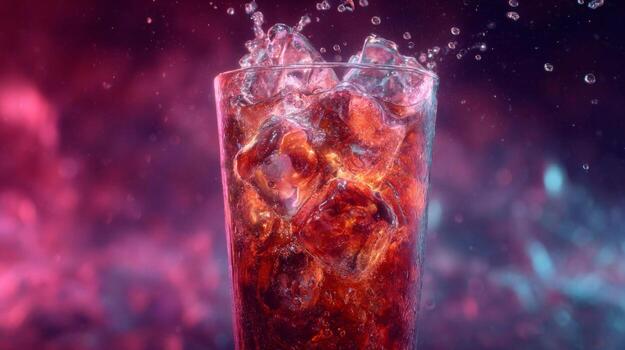 Refreshing glass of soda with ice cubes and colorful background creating a vibrant drink scene photo