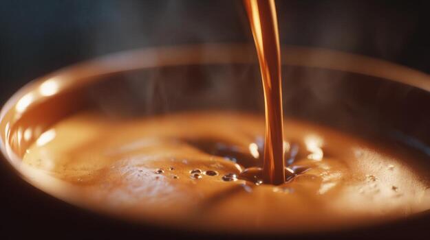 Smooth and Rich Coffee Pouring into a Cup with Steam Rising in a Warm and Cozy Ambiance of a Cafe Setting photo