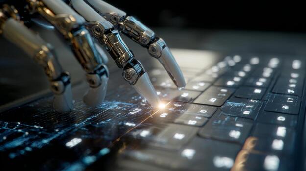 Futuristic Robot Hand Typing on a Modern Keyboard with High-Tech Interface in a Digital Environment photo