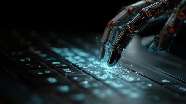 Futuristic robotic hand interacting with glowing keyboard in dark environment showcasing technology and innovation in computing photo