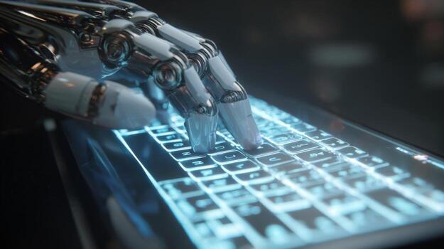 Futuristic robotic hand interacting with illuminated touchscreen keyboard in a modern digital environment photo
