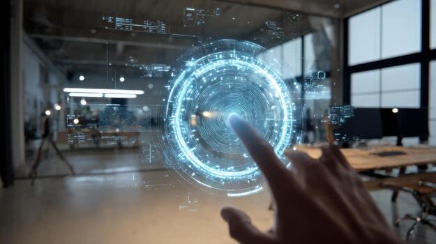 Futuristic Touchscreen Interface in Modern Office with Virtual Reality Elements and Holographic Display Technology photo