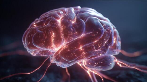 Glowing Brain with Neural Connections and Sparks in Dark Background Illustrating Cognitive Processes and Creativity photo
