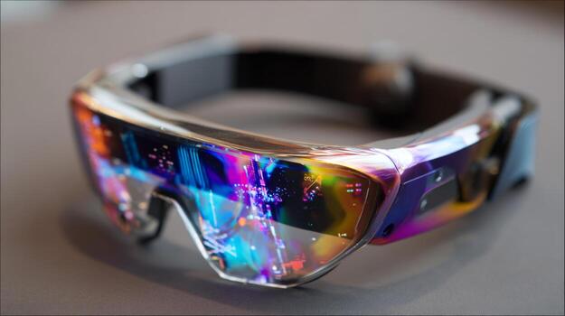 Stylish futuristic eyewear with colorful reflective lenses resting on a smooth surface for modern technology enthusiasts photo