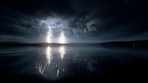 Dramatic Lightning Strikes Over Calm Lake at Night with Dark Clouds and Reflections on Water Surface photo