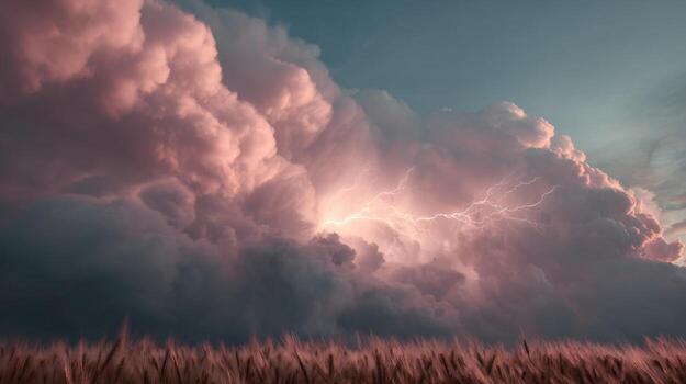 Dramatic Lightning Strikes Through Colorful Clouds Over Golden Wheat Field at Dusk Illuminate the Sky in Nature's Display photo