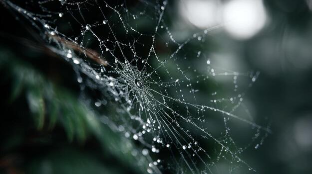Delicate Spider Web Covered in Dew Drops Glimmering in Soft Morning Light on Green Background photo