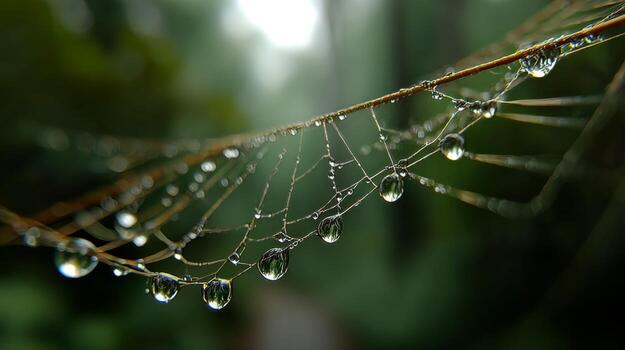 Delicate Water Droplets on a Spiderweb in a Serene Forest Environment Capturing Nature's Beauty in the Early Morning Light photo