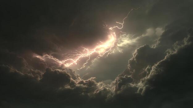 Dramatic Thunderstorm with Striking Lightning Illuminating Dark Storm Clouds in Twilight Sky photo