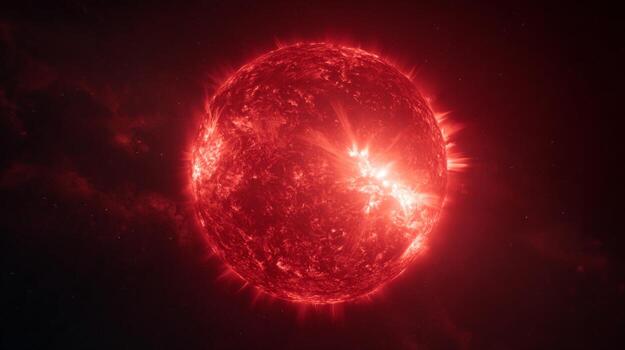 Bright Red Star with Intense Solar Flares in Deep Cosmic Space Environment Under Stellar Background photo