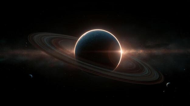 Majestic Planet with Glowing Rings Surrounded by Stars in Dark Space Environment photo