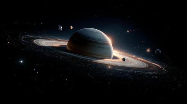 Stunning Visual of Saturn Surrounded by Celestial Bodies in Deep Space with Glowing Rings and Distant Planets photo