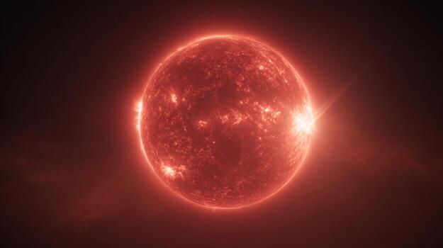 Bright Red Star in Vast Space with Flare and Glowing Surface, Cosmic Scene, Celestial Wonder, Astronomical Beauty photo