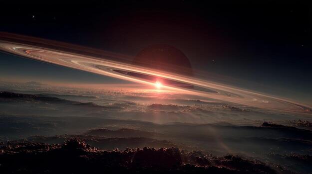Majestic Saturn with Its Rings Illuminated by a Distant Sun, Set Against a Celestial Sky and Mountainous Landscape photo