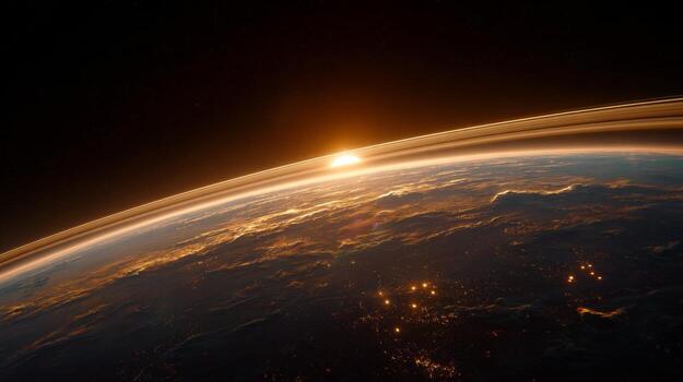 asombroso amanecer terminado tierra visto desde espacio con brillante atmósfera y hermosa nube patrones foto