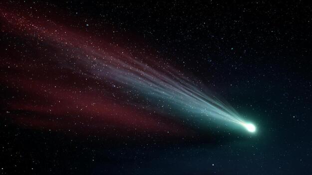 Stunning comet soaring through a starry night sky with vibrant trails of light in shades of blue and red photo