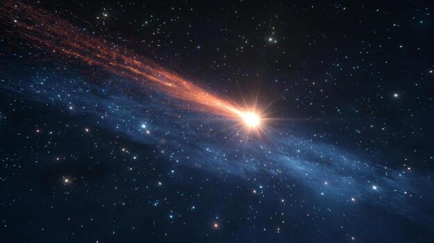 Bright Comet with Long Tail Glowing in Deep Space Surrounded by Stars and Cosmic Dust in a Stunning Astronomical Scene photo