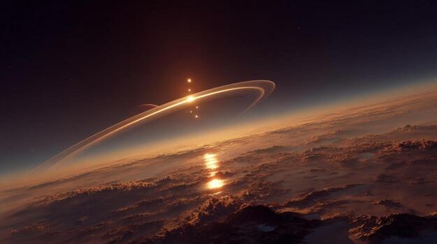 Stunning View of Celestial Phenomenon with Rings and Stars Above a Planetary Horizon at Dusk photo