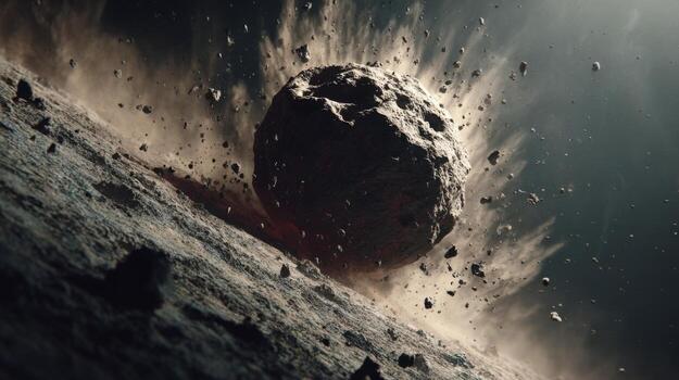 Dramatic Asteroid Impact Creating Dust Clouds and Debris on an Alien Planet Surface in Outer Space photo