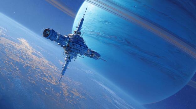 Futuristic spaceship flying in front of a giant planet with colorful rings and earth-like landscape in the background photo