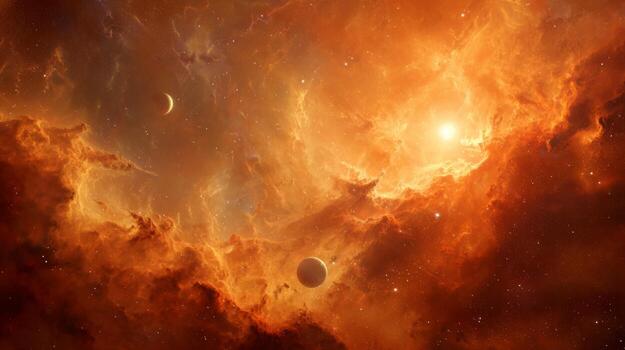 Stunning cosmic landscape featuring vibrant nebulae, distant planets, and glowing star illumination in deep space environment photo