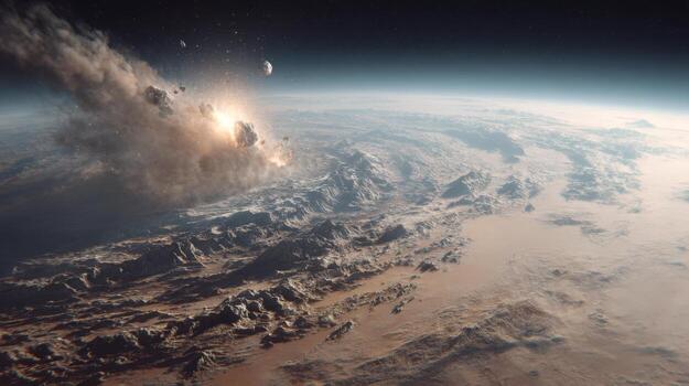 Dramatic Asteroid Impact on a Rocky Planet Surface with Explosive Energy and Cosmic Debris in the Surrounding Space photo