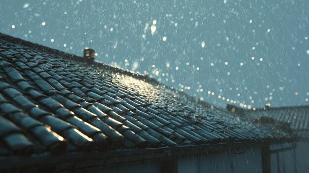 Tranquil Rainfall Over Rooftops at Night with Glimmering Water Droplets Under Soft Lights photo