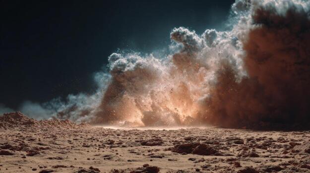 Dramatic Cloud of Dust Erupting from Ground with Bright Light and Shadow Effects in Desert Landscape Scene photo