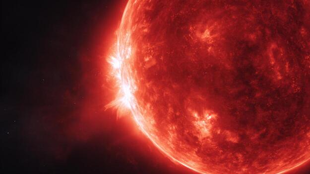 Dramatic Solar Eruption on the Surface of a Red Star Illuminating the Vastness of Space with Fiery Plasma and Energy photo