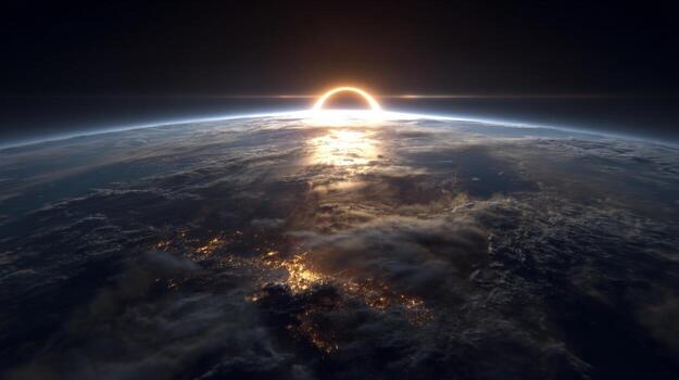 Breathtaking View of Earth from Space During Stunning Solar Eclipse at Dusk with Warm Celestial Light Reflected on Clouds photo