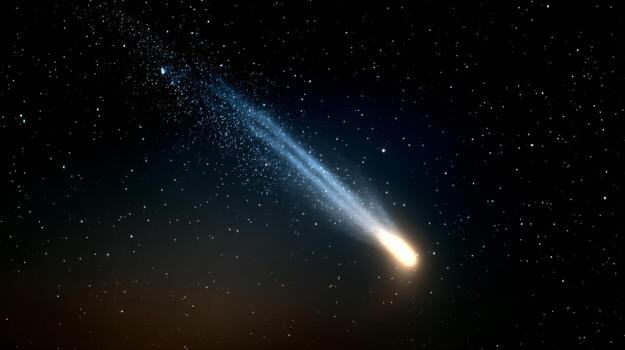 Stunning Comet Gliding Through Dark Starry Sky Creating Dazzling Trail of Light and Cosmic Dust Over Celestial Landscape photo