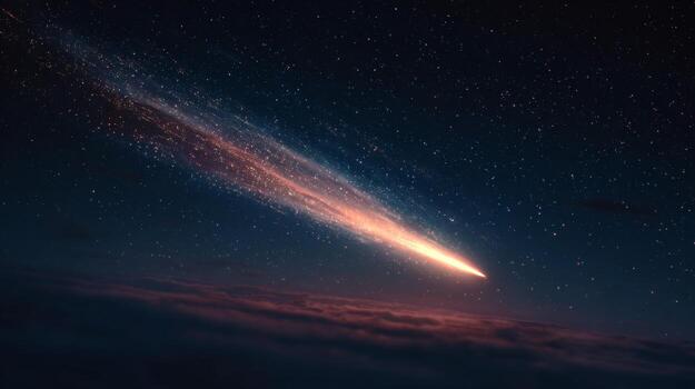 Stunning Meteor Shower Illuminating Starry Night Sky with Colorful Tail and Wispy Clouds Below photo