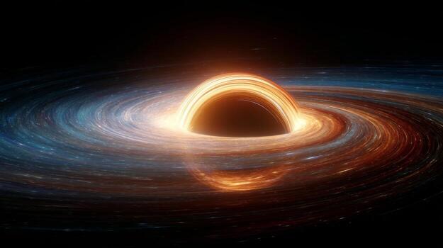 Cosmic Phenomenon of Black Hole Surrounded by Glowing Accretion Disk and Spiraling Gas in Vast Universe photo