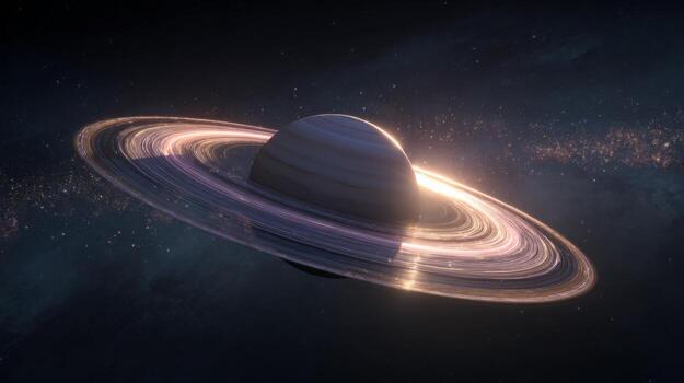 Majestic Saturn Surrounded by Stunning Cosmic Background in Deep Space with Glowing Rings and Distant Stars photo