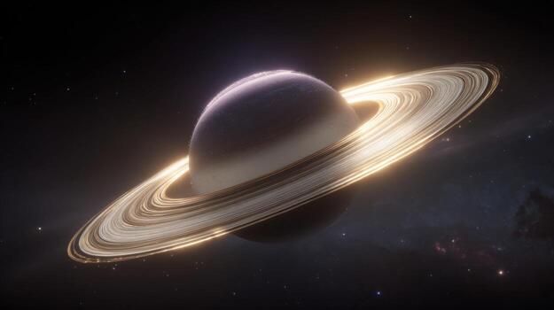 Stunning depiction of Saturn with vibrant rings floating in the vastness of space, surrounded by stars and cosmic elements photo