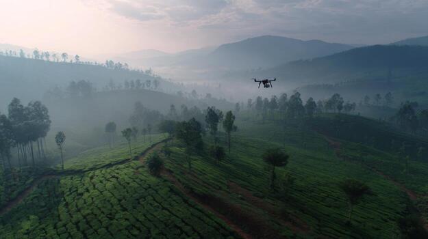 Aerial View of Lush Green Tea Fields Surrounded by Misty Mountains at Dawn with Flying Drone Above Calm Landscape photo