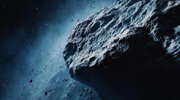 Dramatic Close-Up of a Rocky Asteroid Floating Through Space Surrounded by Distant Stars and Cosmic Dust photo