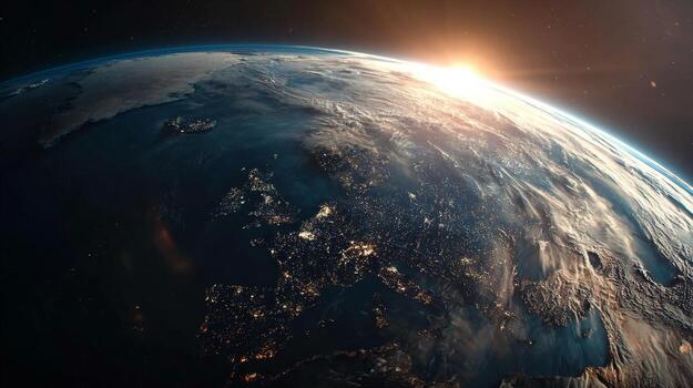 Stunning View of Earth from Space Capturing Europe at Night with a Glorious Sunrise on the Horizon Above the Atmosphere photo