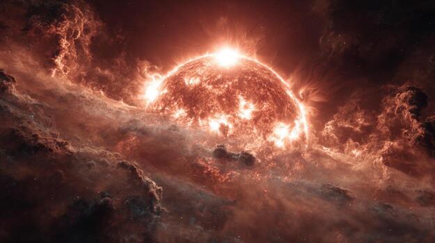 Stunning 3D Rendering of a Fiery Sun Surrounded by Cosmic Clouds and Galactic Dust Illuminating the Night Sky photo