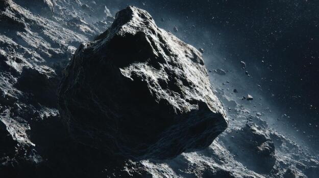Close-up View of a Rocky Asteroid Surrounded by Debris in Deep Space with Twinkling Stars and Cosmic Dust photo