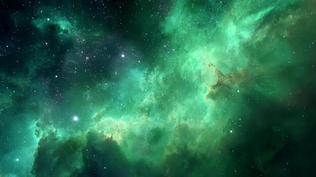Vibrant Cosmic Nebula with Green Hues, Celestial Background, Stars and Galactic Elements in Deep Space Atmosphere photo