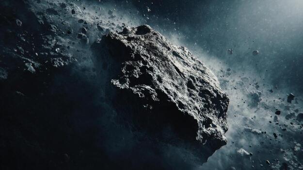 Dramatic Asteroid Traveling Through Space Surrounded by Cosmic Dust and Rocks in a Vast Stellar Background photo