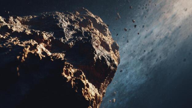 Dramatic Close-up of Rocky Asteroid Surface Glowing in Cosmic Light with Dust Particles Floating in Space photo