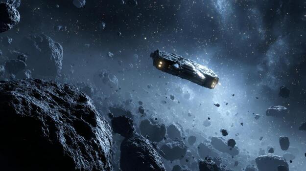 Spaceship Navigating Through Asteroid Field in Dark Cosmic Expanse with Stars and Planets in the Background photo