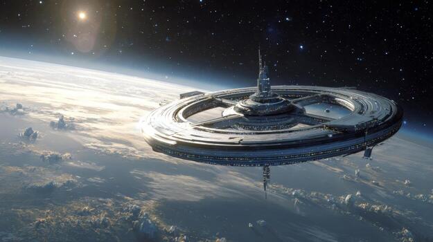 Futuristic Space Station Orbiting Planet with Bright Stars and Cosmic Background in Vast Universe Setting photo